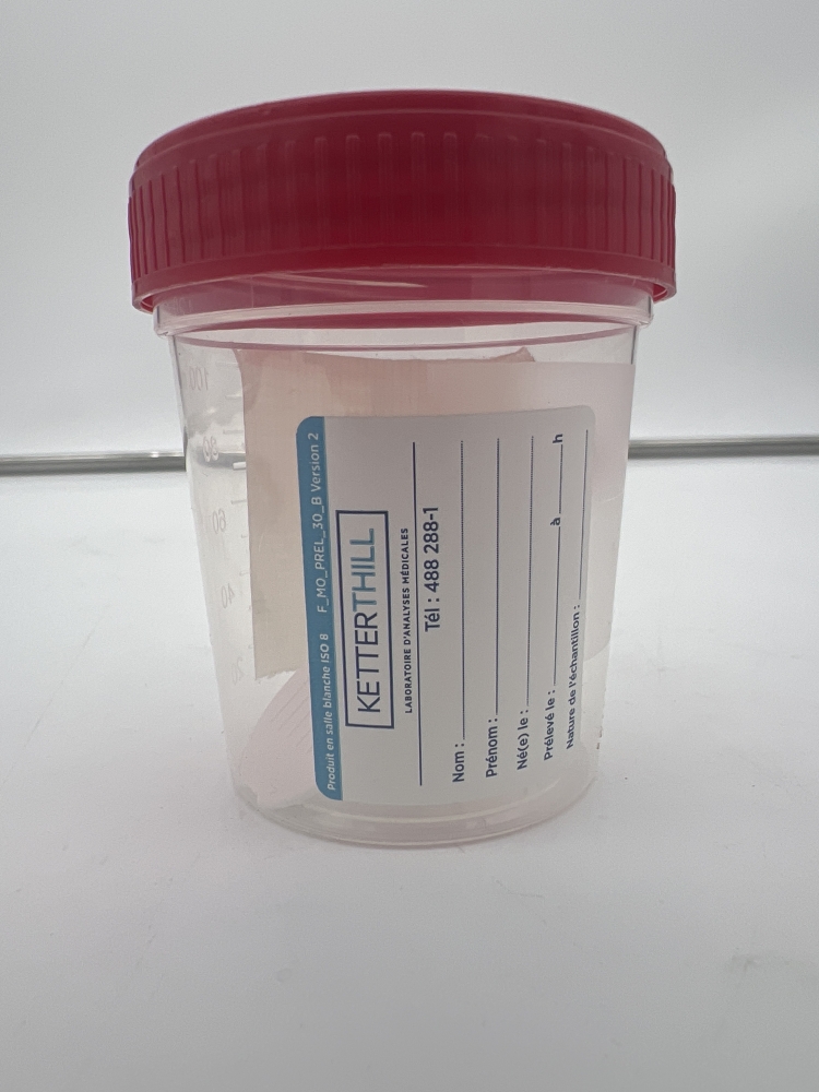 Faeces container 120 ml in PP with red screw cap and spatula /