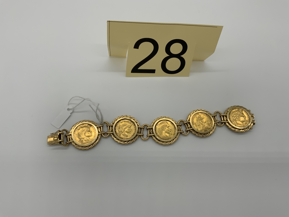 Bracelet dames en or serti de 5 monnaies en or